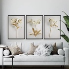 Kit 3 Quadros Flores Brancas Com Dourado 24x18cm - Com Vidro