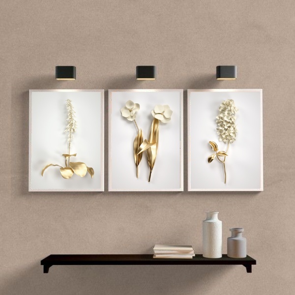 Kit 3 Quadros Flores Dourado Com branco 33x24cm - Com Vidro M