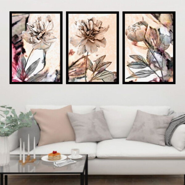Kit 3 Quadros Flores Neutras 45x34cm - Com Vidro Moldura:made