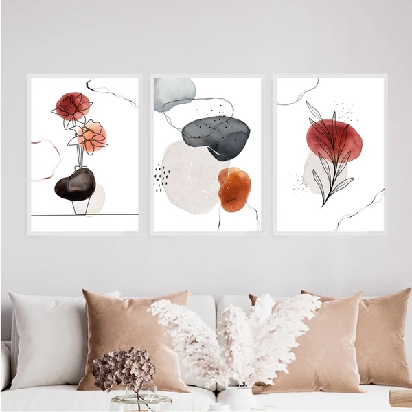 Kit 3 Quadros Flores One Line Aquarela 45x34cm - Com Vidro Mo