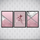 Kit 3 Quadros Flores Rosas Mármore 33x24cm - Com Vidro Moldur