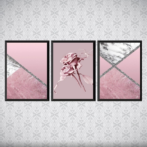 Kit 3 Quadros Flores Rosas Mármore 45x34cm - Com Vidro Moldur