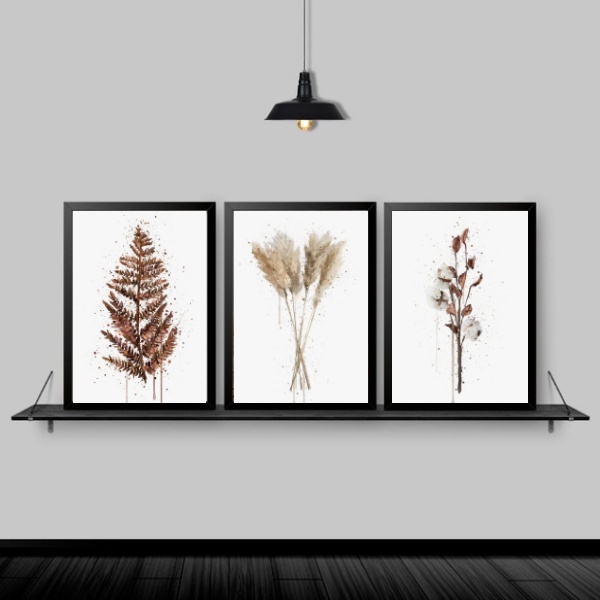 Kit 3 Quadros Flores Secas Aquarela 24x18cm Moldura:madeira P