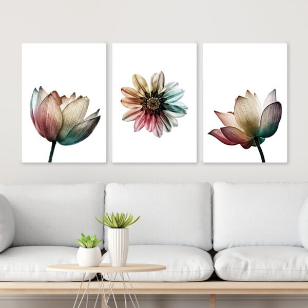 Kit 3 Quadros Flores Suaves Multicor 45x34cm Moldura:madeira