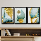 Kit 3 Quadros Folha Dourada Verde água 33x24cm - Com Vidro Mo