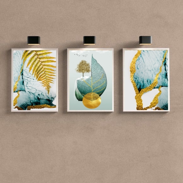 Kit 3 Quadros Folha Dourada Verde água 45x34cm Moldura:madeir