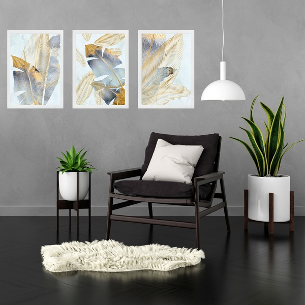 Kit 3 Quadros Folhas Bananeira Prata E Dourado 45x34cm - Com