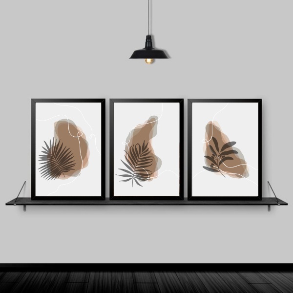Kit 3 Quadros Folhas Escandinavas 33x24cm - Com Vidro Moldura