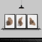Kit 3 Quadros Folhas Escandinavas 45x34cm - Com Vidro Moldura