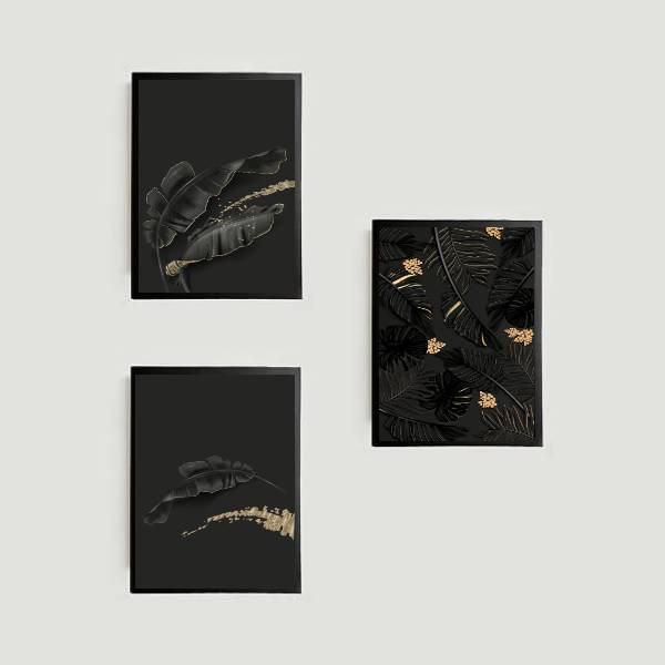 Kit 3 Quadros Folhas Pretas 24x18cm - Com Vidro Moldura:madei