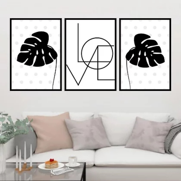 Kit 3 Quadros Folhas Pretas Love 45x34cm - Com Vidro Moldura: