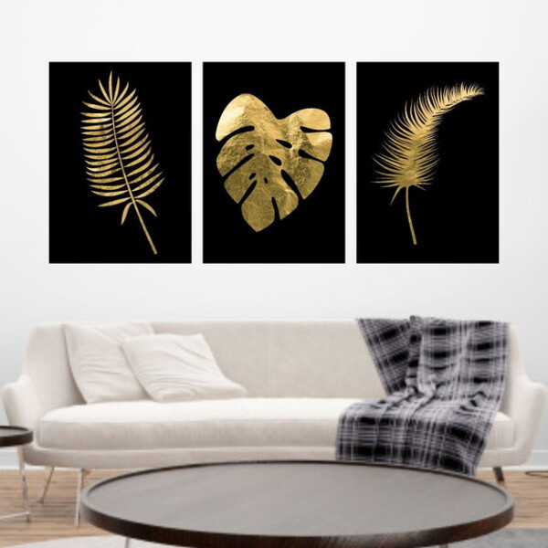 Kit 3 Quadros Folhas Tropicais Dourado 45x34cm - Com Vidro Mo
