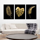 Kit 3 Quadros Folhas Tropicais Dourado 60x40cm Moldura:madeir