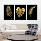 Kit 3 Quadros Folhas Tropicais Dourado 60x40cm Moldura:madeir