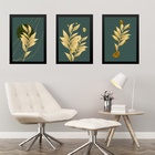 Kit 3 Quadros Folhas Verde Musgo Com Dourado 33x24cm - Com Vi