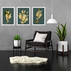 Kit 3 Quadros Folhas Verde Musgo Com Dourado 45x34cm Moldura