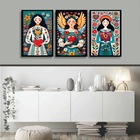Kit 3 Quadros Folk Art - Mulheres Coração 45x34cm - Com Vidro