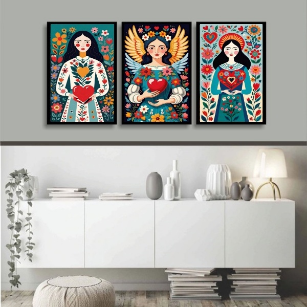 Kit 3 Quadros Folk Art - Mulheres Coração 45x34cm - Com Vidro