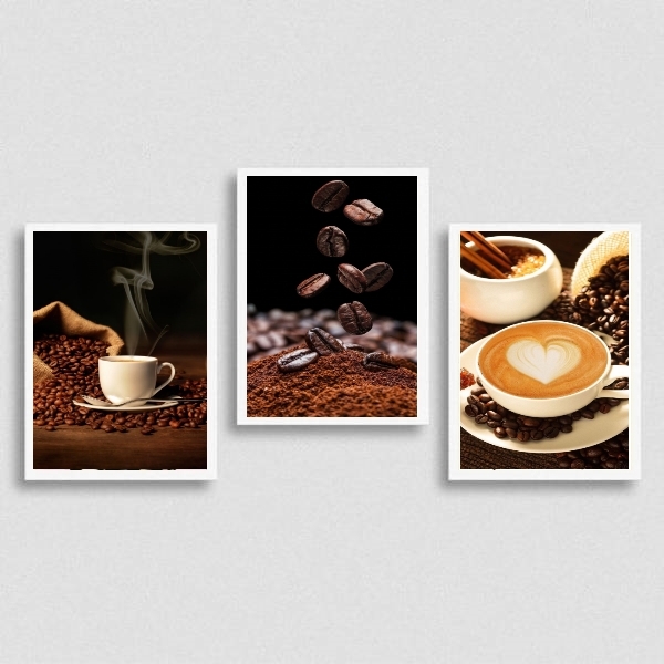 Kit 3 Quadros Fotografia Grãos De Café 33x24cm Moldura:madeir