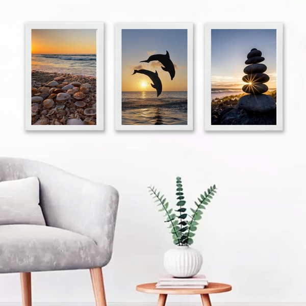Kit 3 Quadros Fotografia Praia Por Do Sol Golfinhos 45x34cm -
