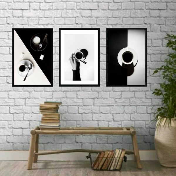 Kit 3 Quadros Fotografias De Café Em Preto e branco 45x34cm -