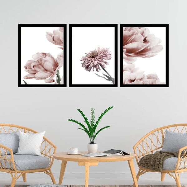 Kit 3 Quadros Fotografias Modernas Flores Rosê 33x24cm Moldur