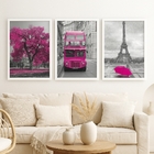 Kit 3 Quadros Fotografias Rosa - Paris Londres Árvore 33x24cm