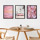Kit 3 Quadros Fotografias Rosadas Praia 33x24cm - Com Vidro M