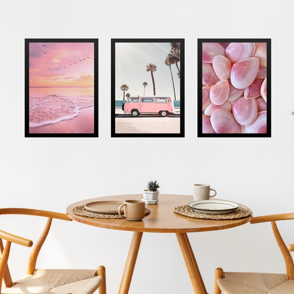 Kit 3 Quadros Fotografias Rosadas Praia 45x34cm - Com Vidro M