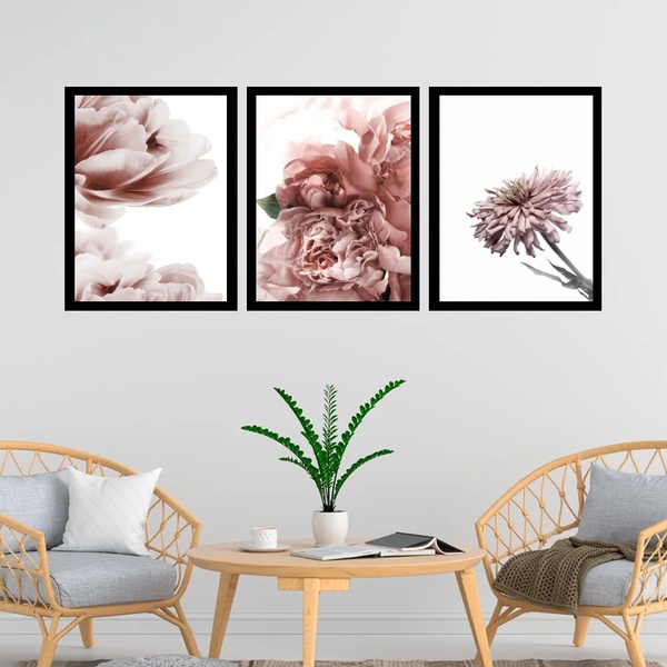 Kit 3 Quadros Fotos Flores Tons Rosê 45x34cm Moldura Branca