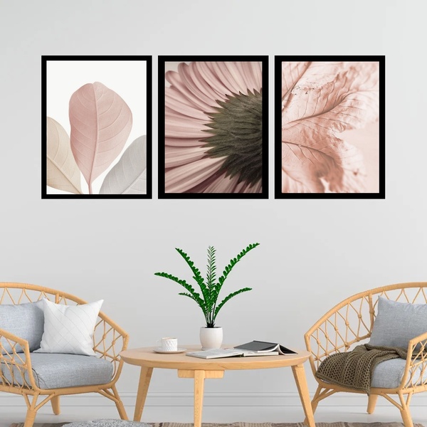 Kit 3 Quadros Fotos Fragmentos Flores Rosê 45x34cm Moldura Br