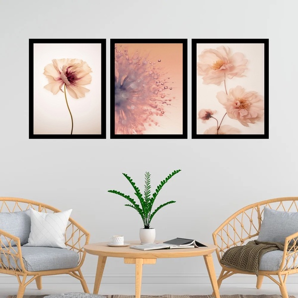 Kit 3 Quadros Fotos Modernas Flores Tons Pêssego 45x34cm Mold