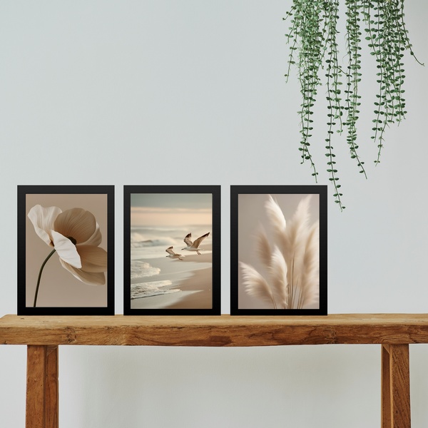 Kit 3 Quadros Fotos Suaves Bege Para Sala Ou Quarto 24x18cm -
