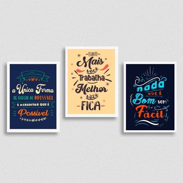 Kit 3 Quadros Frases Motivacionais De Trabalho 45x34cm - Com