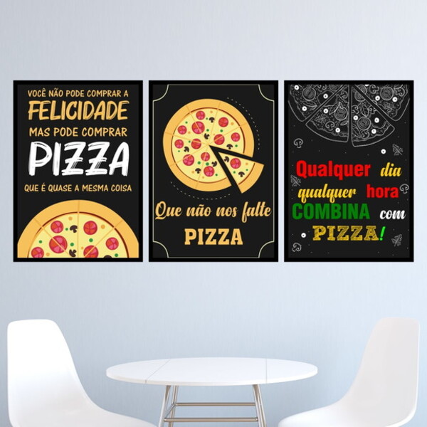Kit 3 Quadros Frases Pizza 33x24cm Moldura:madeira Preta