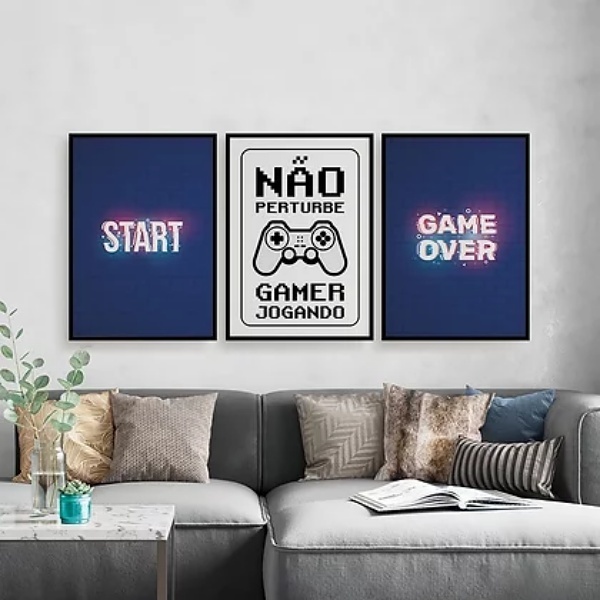 Kit 3 Quadros Gamer Start Game Over 33x24cm - Com Vidro Moldu