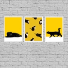 Kit 3 Quadros Gato Preto E Amarelo 45x34cm Moldura:madeira Pr