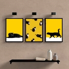 Kit 3 Quadros Gato Preto E Amarelo 45x34cm Moldura:madeira Pr