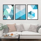 Kit 3 Quadros Geométrico Azul 60x40cm Moldura:madeira Branca