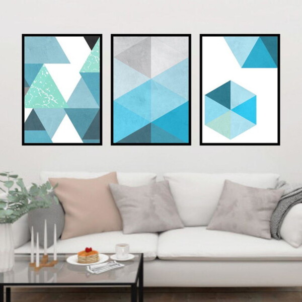 Kit 3 Quadros Geométrico Azul 60x40cm Moldura:madeira Branca