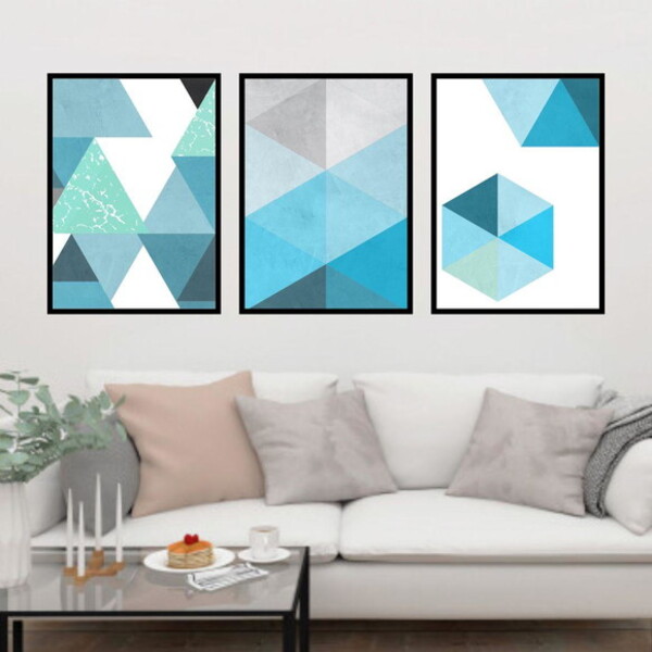 Kit 3 Quadros Geométrico Azul 60x40cm Moldura:madeira Preta