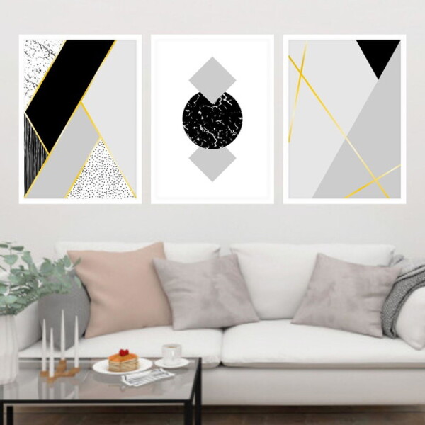 Kit 3 Quadros Geométrico Cinza E Preto 33x24cm - Com Vidro Mo