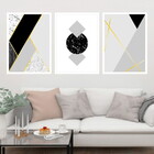 Kit 3 Quadros Geométrico Cinza E Preto 45x34cm - Com Vidro Mo