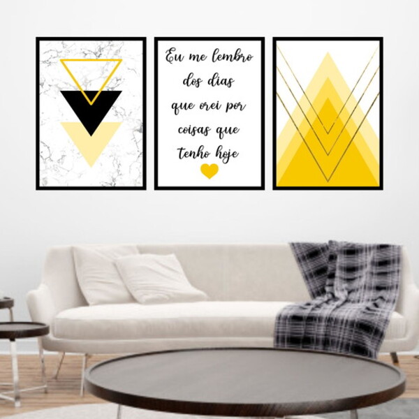 Kit 3 Quadros Geométrico Eu Lembro Amarelo 24x18cm Moldura:ma