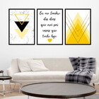 Kit 3 Quadros Geométrico Eu Lembro Amarelo 33x24cm - Com Vidr
