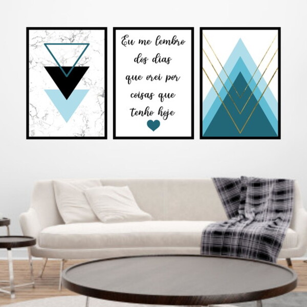 Kit 3 Quadros Geométrico Eu Lembro Turquesa 60x40cm Moldura:m