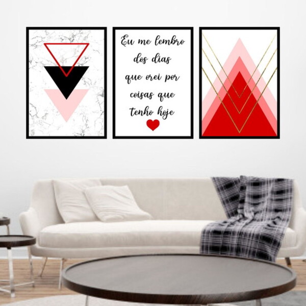 Kit 3 Quadros Geométrico Eu Lembro Vermelho 24x18cm - Com Vid