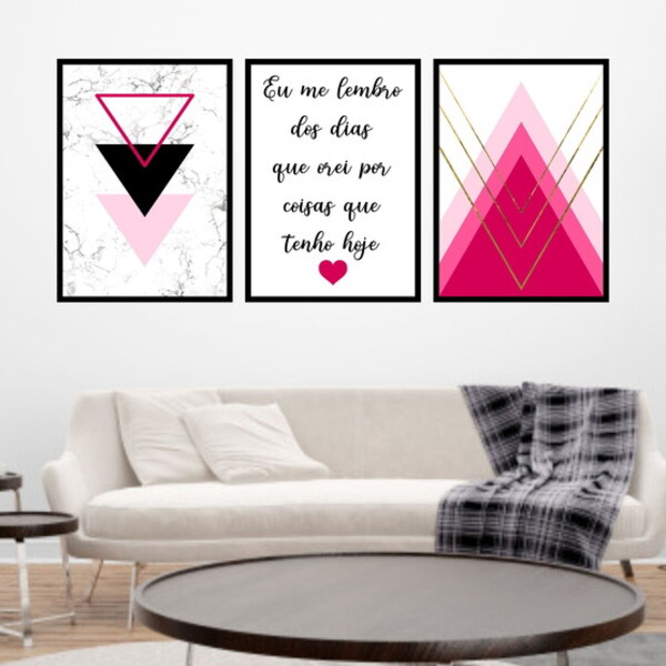 Kit 3 Quadros Geométrico Eu Me Lembro Rosa 45x34cm - Com Vidr