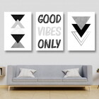 Kit 3 Quadros Geométrico Good Vibes Only 24x18cm - Com Vidro