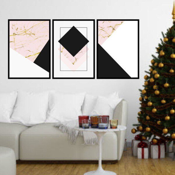Kit 3 Quadros Geométrico Mármore Rosa 60x40cm Moldura:madeira